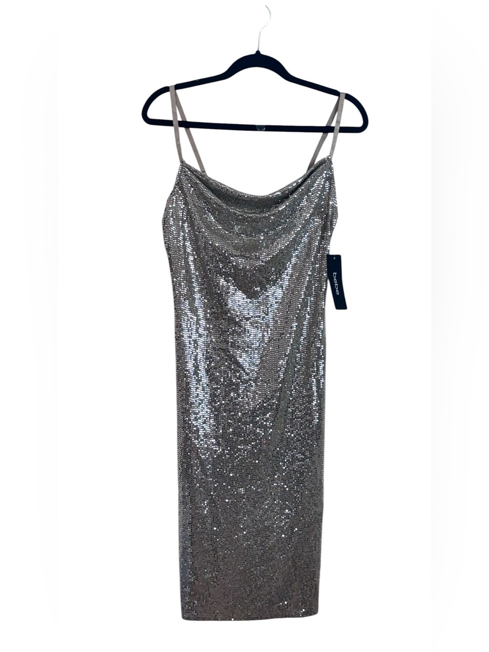 NWT Bebe Silver Sequin Cowl Neck Midi Cocktail Party Dress | Size M